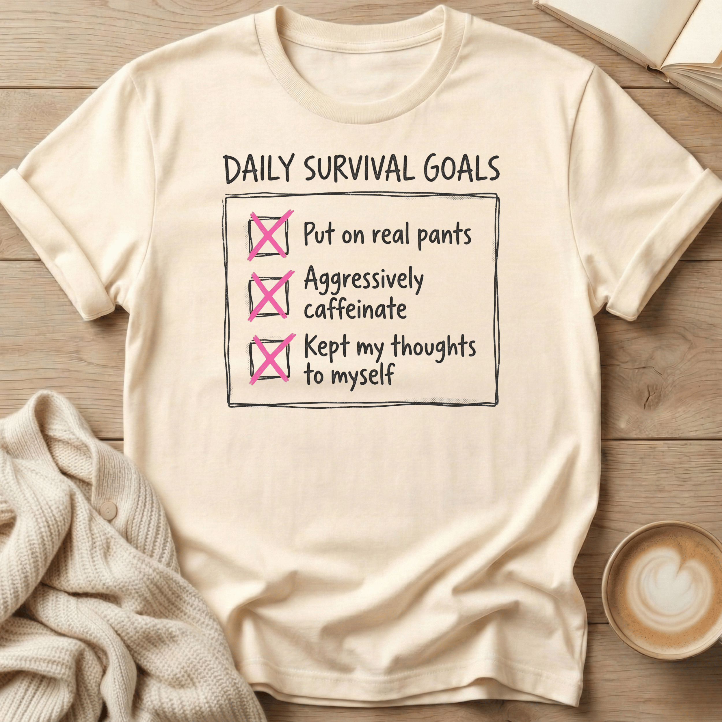 Daily Survival Goals Funny Checklist T-Shirt