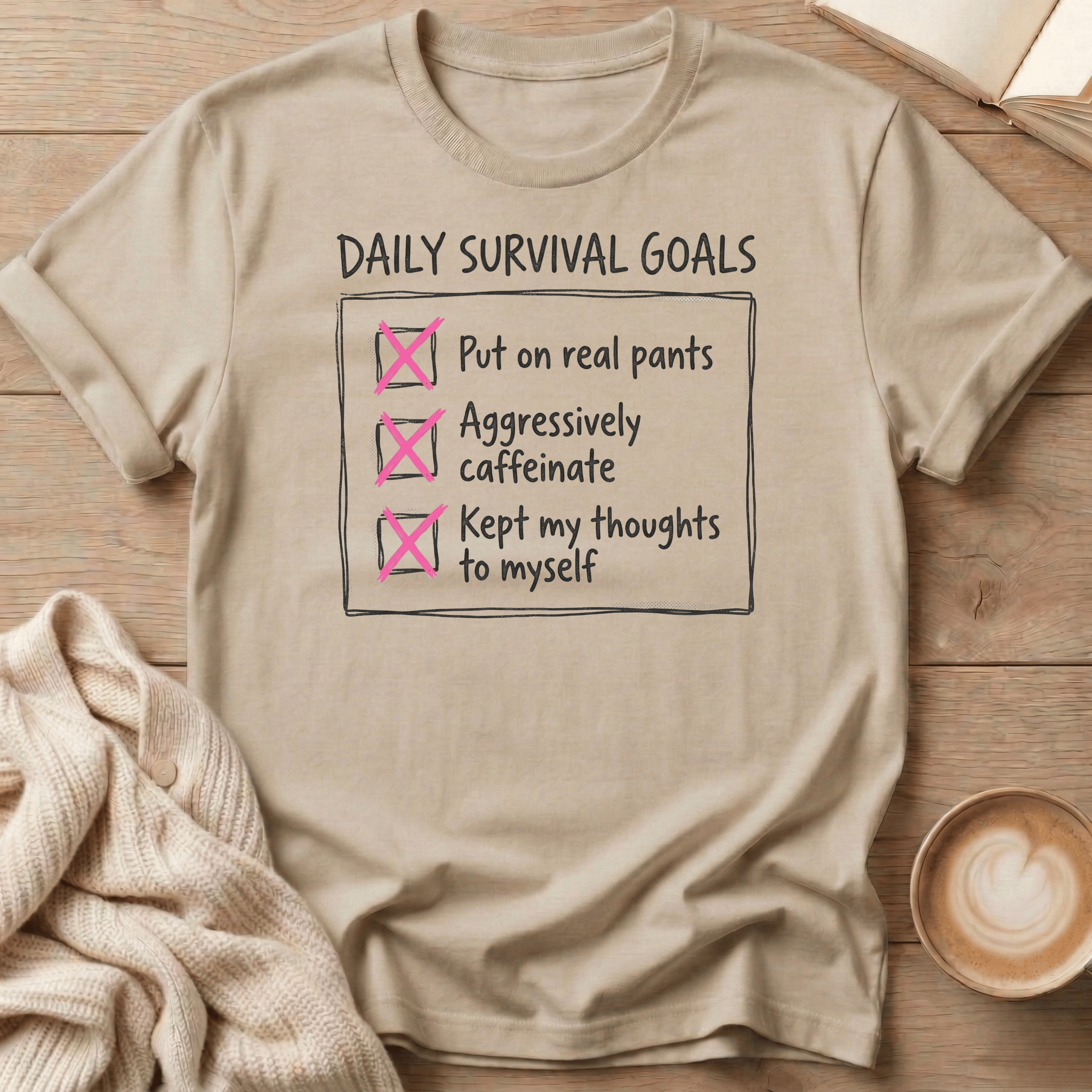 Daily Survival Goals Funny Checklist T-Shirt
