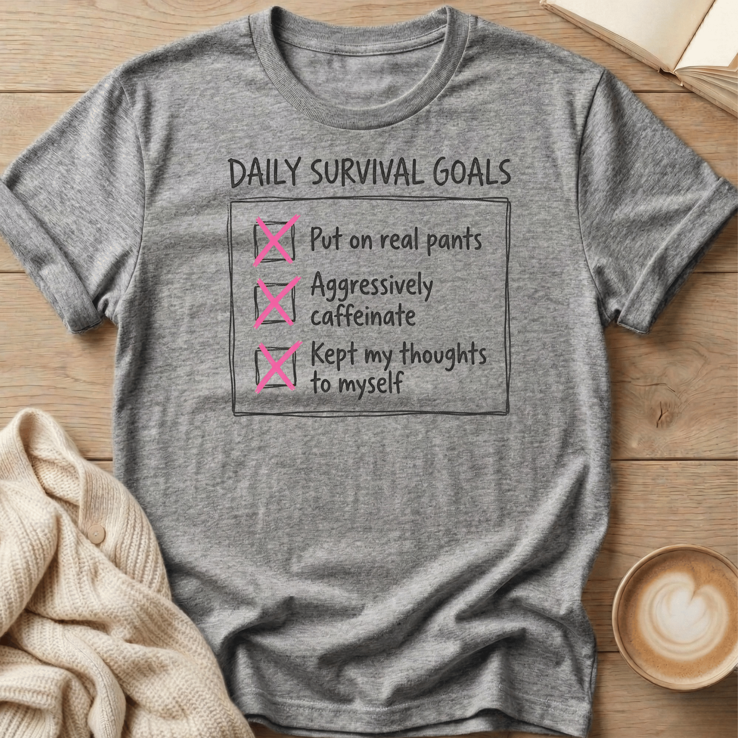 Daily Survival Goals Funny Checklist T-Shirt